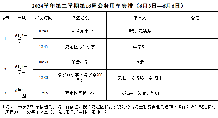 2024学年第二学期第16周公务用车安排（6月3日—6月6日）.png