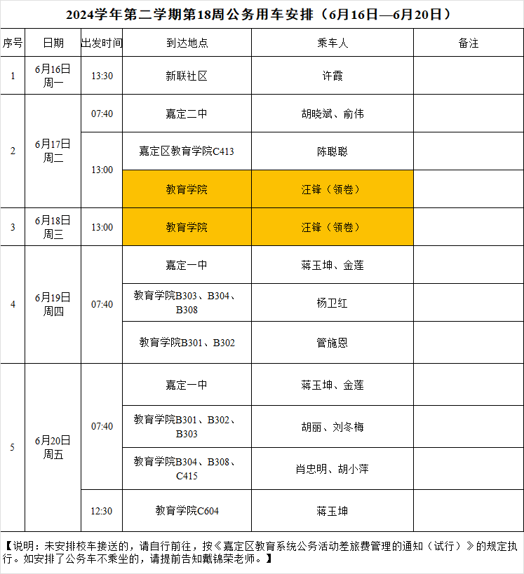 2024学年第二学期第18周公务用车安排（6月16日—6月20日）.png